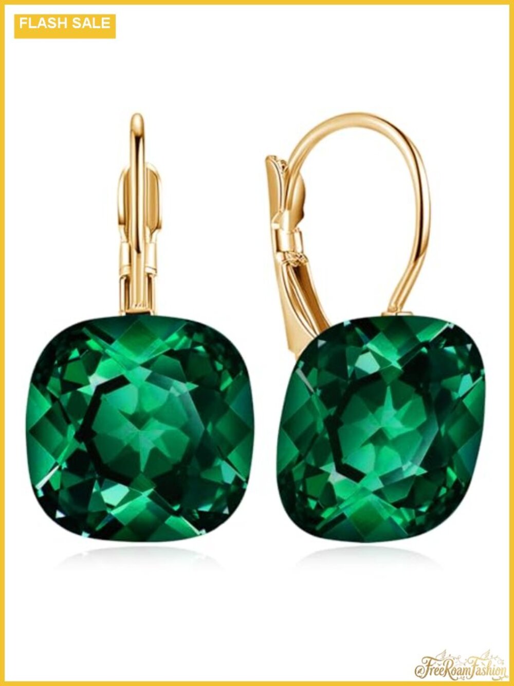 Crystal Square Leverback Drop Dangle Earrings Gold Tone